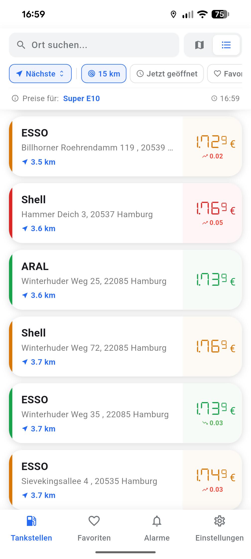 List of current real-time fuel prices for Diesel and E10 to find cheap gas